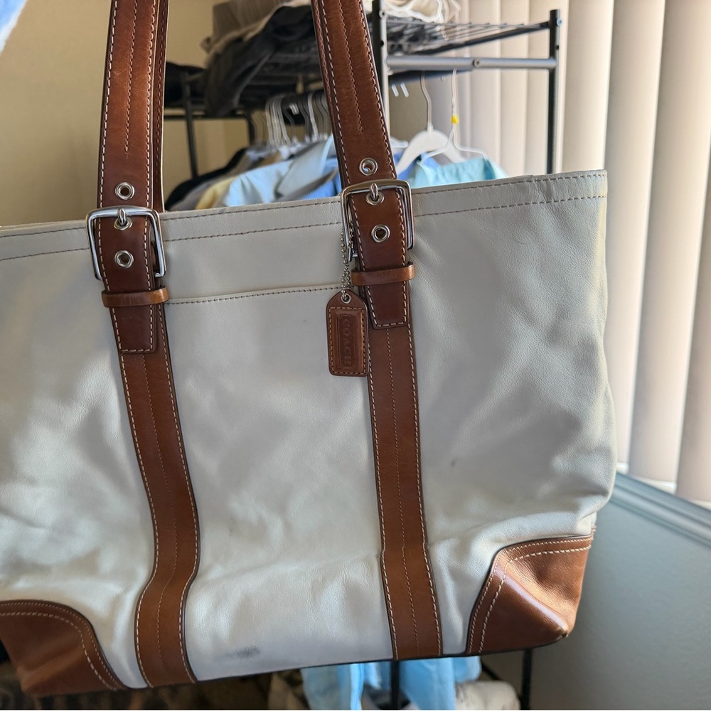 Coach Cream Tote with Brown Leather Trim and Silver Hardware